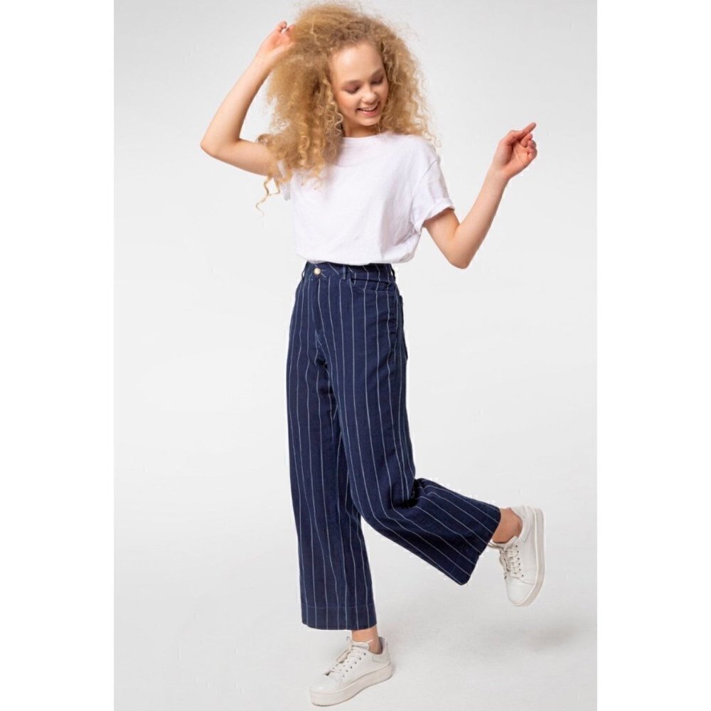 Lauren Ralph Lauren Dark Blue & White Stripe Wide Leg Denim Jeans 4‎